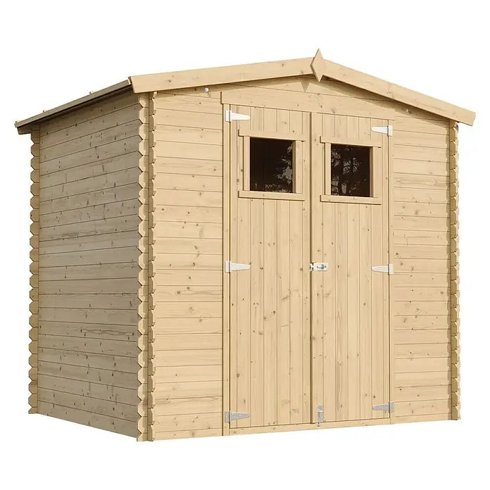 Timbela Gerätehaus M369 - Außenmaß inkl. Dachüberstand (B x T): 236 x 226 cm, Holz, Natur, Ohne Fußboden - Ein helles Holzgartenhaus mit Doppeltür und kleinen Fenstern unter einem Giebeldach mit dekorativer Spitze.