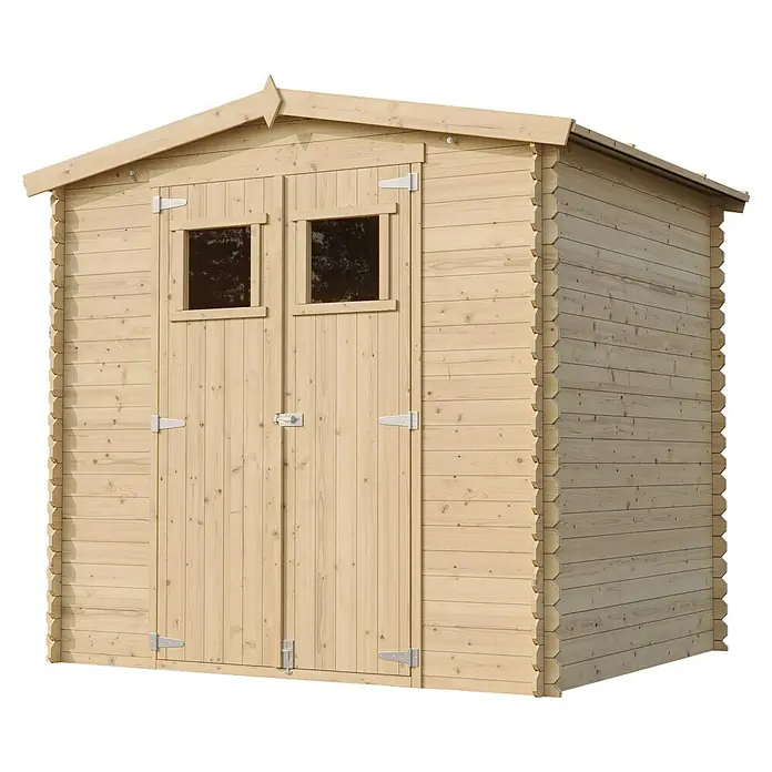 Timbela Gerätehaus M369 - Außenmaß inkl. Dachüberstand (B x T): 236 x 226 cm, Holz, Natur, Ohne Fußboden - Ein helles Holzgartenhaus mit Doppeltüren und kleinen Fenstern, ideal für die Aufbewahrung von Gartengeräten und Werkzeugen.