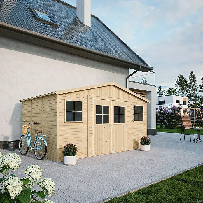 Timbela Gerätehaus M331 - Außenmaß inkl. Dachüberstand (B x T): 418 x 320 cm, Holz, Natur, Ohne Fußboden - Ein geräumiges Holzgartenhaus mit Doppeltüren und Fenstern, ideal zur Aufbewahrung von Gartengeräten und Fahrrädern im Außenbereich.