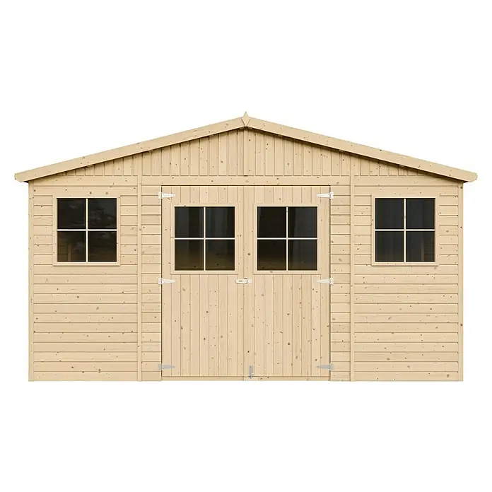 Timbela Gerätehaus M331 - Außenmaß inkl. Dachüberstand (B x T): 418 x 320 cm, Holz, Natur, Ohne Fußboden - Abbildung eines Holzschuppens mit Doppeltür und Fenstern auf beiden Seiten. Ideal zur Aufbewahrung von Gartengeräten.