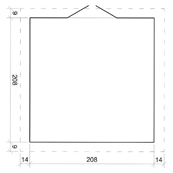 Timbela Gartenhaus M369F - Außenmaß inkl. Dachüberstand (B x T): 236 x 226 cm, Holz, Natur, Ohne Fußboden - Schematische Darstellung eines Bauplans mit Maßen für ein rechteckiges Gebäude mit Satteldach und zusätzlichen Maßangaben.