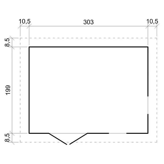 Timbela Gerätehaus M334 - Außenmaß inkl. Dachüberstand (B x T): 324 x 216 cm, Holz, Natur, Ohne Fußboden - Abbildung eines Plans mit Abmessungen. Der Plan zeigt ein Gebäude mit den Maßen 303 x 199 und einer Wandstärke von 10,5 bzw. 8,5.