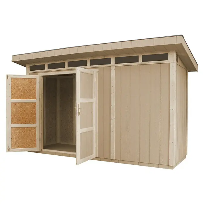 Timbela Gerätehaus M902A - Außenmaß inkl. Dachüberstand (B x T): 412 x 161 cm, Holz, Natur - Geräumiges Gartenhaus mit Doppeltür und Oberlichtern. Bietet viel Stauraum für Gartengeräte und -möbel.