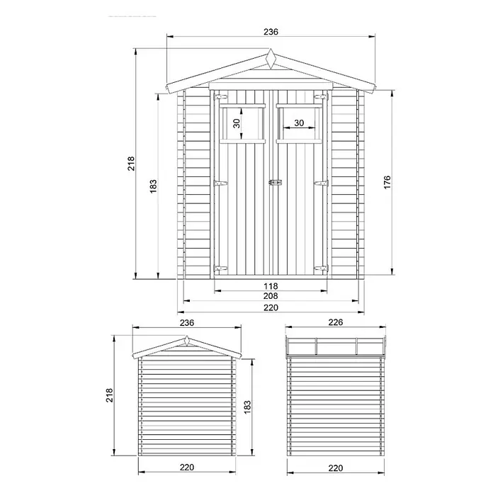 Timbela Gerätehaus M369 - Außenmaß inkl. Dachüberstand (B x T): 236 x 226 cm, Holz, Natur, Ohne Fußboden - Technische Zeichnung eines Gartenhauses mit Maßangaben zu Höhe, Breite und Tiefe.