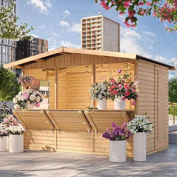 Timbela Marktstand M150A - Außenbreite inkl. Dachüberstand: 336 cm, Außentiefe inkl. Dachüberstand: 263 cm, Natur - Blumiger Verkaufsstand aus Holz im Freien.