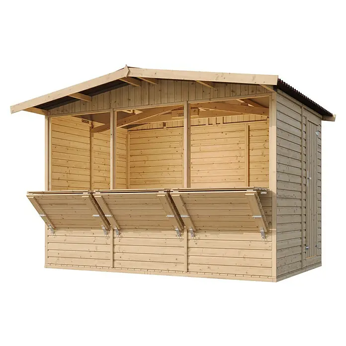 Timbela Marktstand M150A - Außenbreite inkl. Dachüberstand: 336 cm, Außentiefe inkl. Dachüberstand: 263 cm, Natur - Das Bild zeigt einen Holzverkaufsstand mit offenen Klappläden. Der Stand ist aus hellem Holz gefertigt und hat ein Dach.