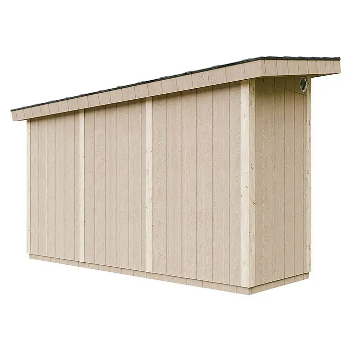 Timbela Gerätehaus M902A - Außenmaß inkl. Dachüberstand (B x T): 412 x 161 cm, Holz, Natur - Außenansicht eines modernen Schuppens mit Pultdach, hellem Holz und Belüftungsöffnung. Der Schuppen bietet Stauraum und fügt sich gut in den Garten ein.
