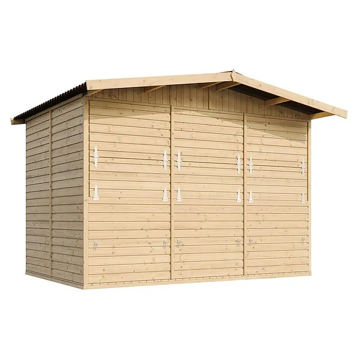 Timbela Marktstand M150A - Außenbreite inkl. Dachüberstand: 336 cm, Außentiefe inkl. Dachüberstand: 263 cm, Natur - Nahaufnahme eines Holzschuppens mit drei separaten Türen, die jeweils mit weißen Scharnieren und Verschlüssen versehen sind.