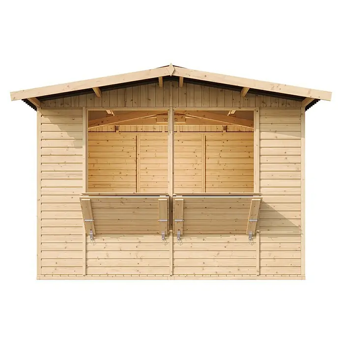 Timbela Marktstand M150 - Außenbreite inkl. Dachüberstand: 336 cm, Außentiefe inkl. Dachüberstand: 263 cm, Natur - Holzverkaufsstand mit zwei herunterklappbaren Theken für den einfachen Kundenservice, ideal für Märkte und Veranstaltungen.