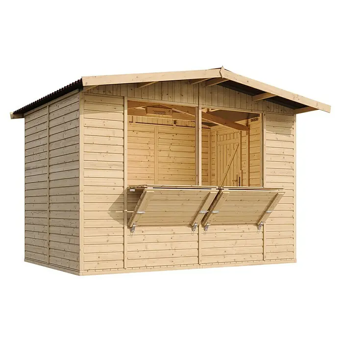 Timbela Marktstand M150 - Außenbreite inkl. Dachüberstand: 336 cm, Außentiefe inkl. Dachüberstand: 263 cm, Natur - Detailansicht eines Holz-Gartenkiosks mit ausklappbaren Fensterläden, ideal für den Verkauf im Freien. Die Holzkonstruktion strahlt rustikalen Charme aus.