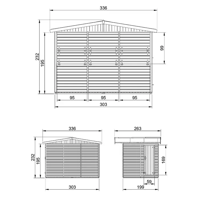 Timbela Marktstand M150A - Außenbreite inkl. Dachüberstand: 336 cm, Außentiefe inkl. Dachüberstand: 263 cm, Natur - Abmessungen des Metall-Gartengerätehauses mit Doppeltüren, Seitenansicht und Frontansicht mit allen Maßangaben.