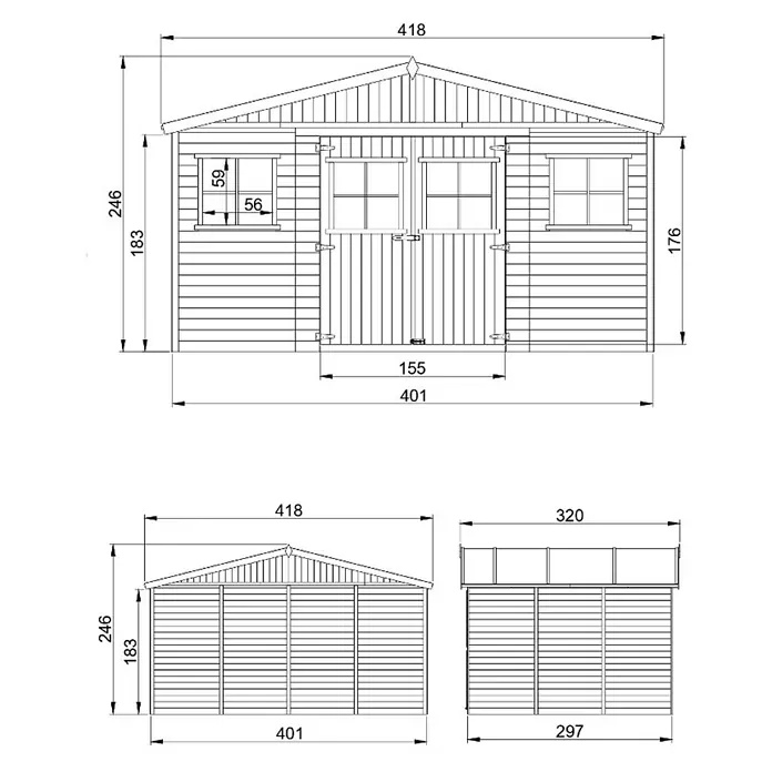 Timbela Gerätehaus M331 - Außenmaß inkl. Dachüberstand (B x T): 418 x 320 cm, Holz, Natur, Ohne Fußboden - Abbildung eines Gartenhauses mit detaillierten Maßangaben, die die Abmessungen und Proportionen des Bauwerks veranschaulichen.
