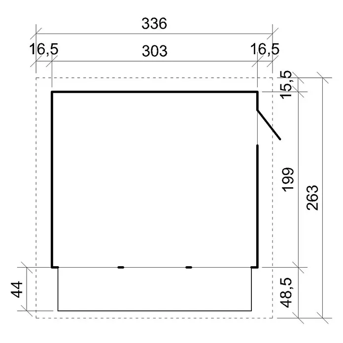 Timbela Marktstand M150A - Außenbreite inkl. Dachüberstand: 336 cm, Außentiefe inkl. Dachüberstand: 263 cm, Natur - Technische Zeichnung eines Produkts mit Maßangaben.