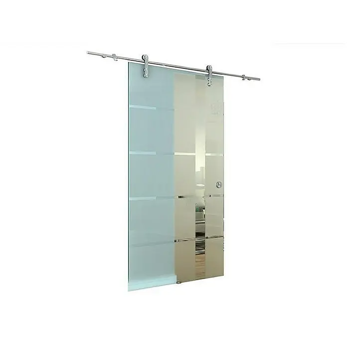 Glaszentrum Hagen Zimmertür Glasschiebetür 2050x900x8 mm Lot, ESG - DIN Anschlag: Links/Rechts, Transparents, Schiebetür - Elegante Glasschiebetür mit horizontalen Streifen und silberner Aufhängung, die modernes Design und Funktionalität vereint.