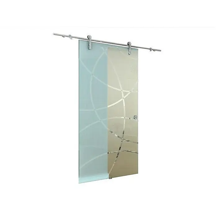 Glaszentrum Hagen Zimmertür Glasschiebetür 2050x900x8 mm Zirkula, ESG - 90 x 205 cm, DIN Anschlag: Links/Rechts, Transparents, Schiebetür - Elegante Glasschiebetür mit dekorativen Linien und einem modernen Schienensystem für stilvolle Raumtrennung.