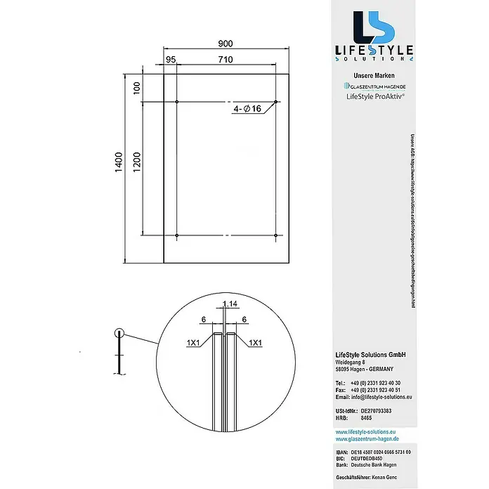 Glaszentrum Hagen Vordach 140x90 cm Glasvordach Klar RAL7016-S - Anthrazit RAL7016 - Technische Zeichnung eines Lifestyle Solutions Produkts mit Maßangaben und Details zur Befestigung.