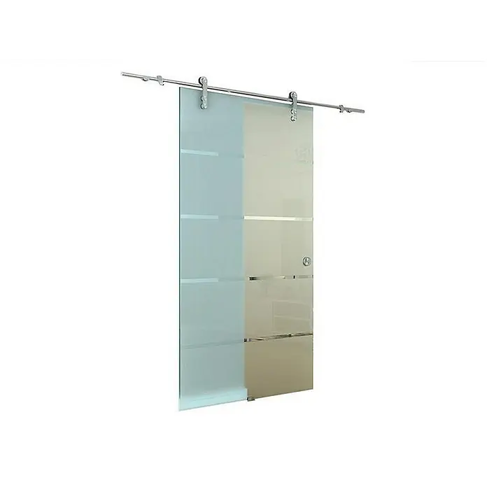Glaszentrum Hagen Zimmertür Glasschiebetür 2050x775x8 mm Ouer, ESG - DIN Anschlag: Links/Rechts, Transparents, Schiebetür - Elegante Glasschiebetür mit modernem Design. Die Tür ist mit horizontalen Streifen und Beschlägen aus rostfreiem Stahl versehen.