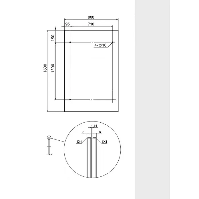 Glaszentrum Hagen Vordach 160x90 cm Glasvordach Klar BK-V - 160 x 90 x 40 cm, Schwarz - Technische Zeichnung eines rechteckigen Produkts mit Abmessungen und Detailansicht der Eckverbindung.