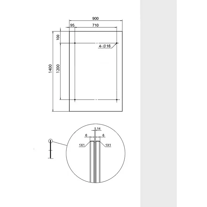 Glaszentrum Hagen Vordach 140x90 cm Glasvordach Klar RAL7016-L -  - Technische Zeichnung eines rechteckigen Spiegels mit Abmessungen und Details zur Montage, einschließlich der Positionen der Befestigungslöcher.