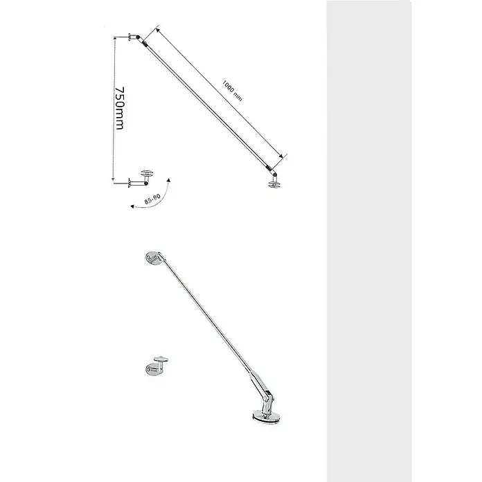 Glaszentrum Hagen Vordach 200x90 cm Glasvordach Klar V2A-STB - 200 x 90 x 75 cm, Silber - Produktbild einer Duschstange mit Maßangaben. Die Duschstange ist aus Metall und hat eine Länge von 1000 mm und eine Höhe von 750 mm.