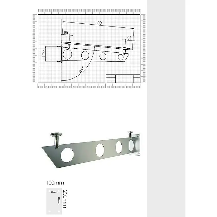 Glaszentrum Hagen Vordach 170x90 cm Glasvordach Klar RAL7016-S - Anthrazit RAL7016 - Produktdiagramm und Foto einer silbernen Wandgarderobe mit Löchern zur Aufhängung von Kleidung. Die Maße sind angegeben.