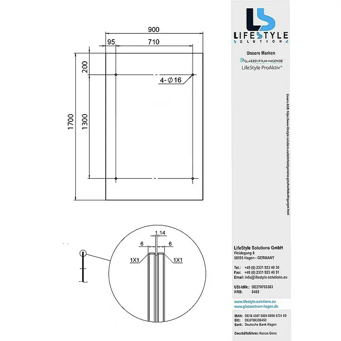 Glaszentrum Hagen Vordach 170x90 cm Glasvordach Klar RAL7016-S - Anthrazit RAL7016 - Technische Zeichnung eines Lifestyle Solution Spiegels mit Maßangaben und Detailansicht der Aufhängung.