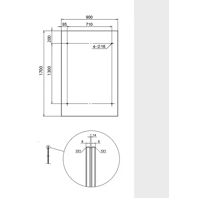 Glaszentrum Hagen Vordach 170x90 cm Glasvordach Klar RAL7016-S - Anthrazit RAL7016 - Produktzeichnung mit Abmessungen des Produkts und Detailansicht der Materialstärke.