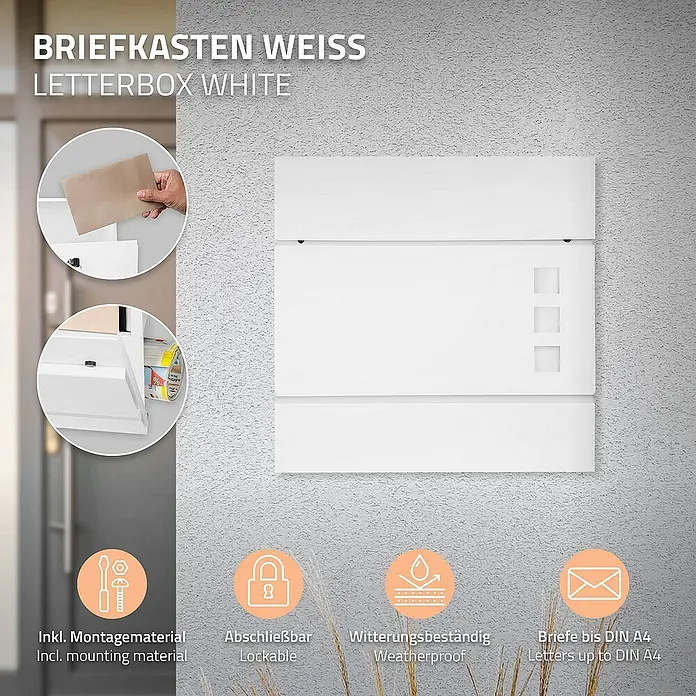 ECD Germany Standbriefkasten Briefkastenanlage mit Ständer Anthrazit 170cm Mailbox mit Pfosten - L x B x H: 23,5 x 37 x 170 cm, Anthrazit, Weiß, Edelstahl - Produktbild eines weißen Briefkastens mit Montagematerial, abschließbar, wetterfest und geeignet für Briefe bis DIN A4.