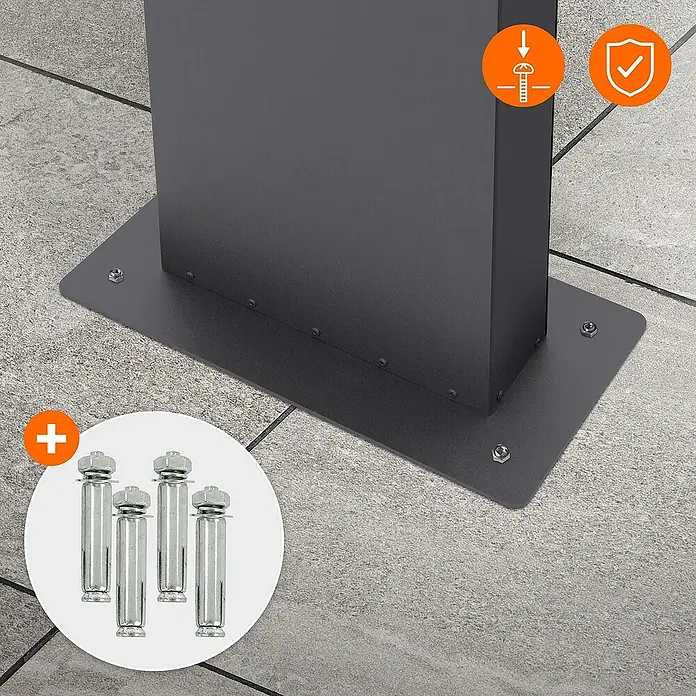 ECD Germany Standbriefkasten Briefkastenanlage mit Ständer Anthrazit 170cm Mailbox mit Pfosten - L x B x H: 23,5 x 37 x 170 cm, Anthrazit, Weiß, Edelstahl - Bild eines Befestigungssatzes für eine Säule, inklusive Dübel und Schrauben, für eine sichere Installation im Außenbereich.