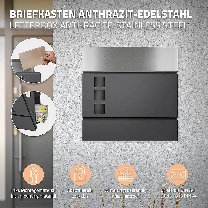 ECD Germany Standbriefkasten Briefkastenanlage mit Ständer Silber 120cm Mailbox mit Pfosten - L x B x H: 17 x 42,5 x 120 cm, Anthrazit, Silber, Edelstahl - Produktbild eines anthrazitfarbenen Briefkastens aus Edelstahl mit Montagezubehör und Informationen zu den Produkteigenschaften.