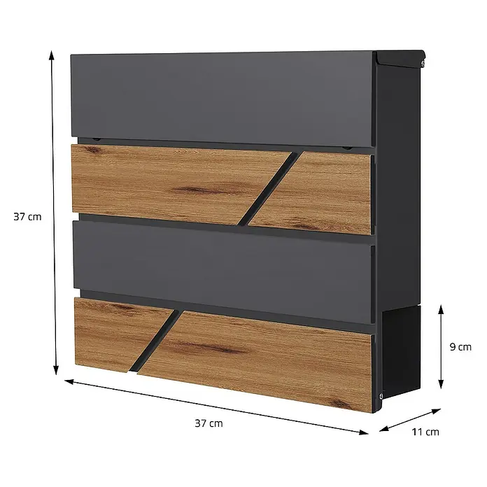 ML-Design Standbriefkasten Briefkastenanlage mit Ständer Anthrazit 170cm Mailbox mit Pfosten - L x B x H: 26 x 37 x 170 cm, Anthrazit, Braun, Edelstahl - Produktansicht eines modernen grauen Wandschranks mit Holzfronten und präzisen Maßangaben.
