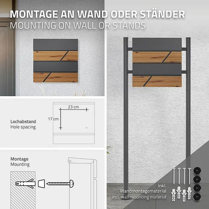 ML-Design Standbriefkasten Briefkastenanlage mit Ständer Anthrazit 170cm Mailbox mit Pfosten - L x B x H: 26 x 37 x 170 cm, Anthrazit, Braun, Edelstahl - Produktabbildung eines modernen Briefkastens zur Wand- oder Ständermontage mit Zubehör und Maßangaben.