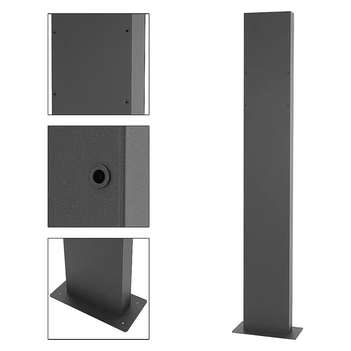 ML-Design Standbriefkasten Briefkastenanlage mit Ständer Anthrazit 170cm Mailbox mit Pfosten - L x B x H: 26 x 37 x 170 cm, Anthrazit, Braun, Edelstahl - Abbildung eines schwarzen Metallpfostens mit Montageplatte und Detailansichten.