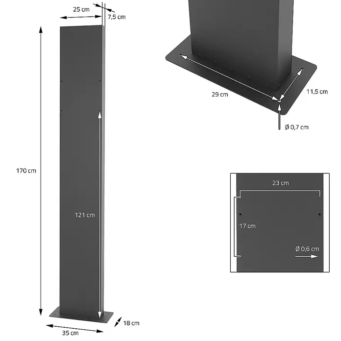 ML-Design Standbriefkasten Briefkastenanlage mit Ständer Anthrazit 170cm Mailbox mit Pfosten - L x B x H: 26 x 37 x 170 cm, Anthrazit, Braun, Edelstahl - Abbildung einer stilvollen Außenleuchte mit detaillierten Maßangaben zu ihrer Konstruktion und Abmessungen.