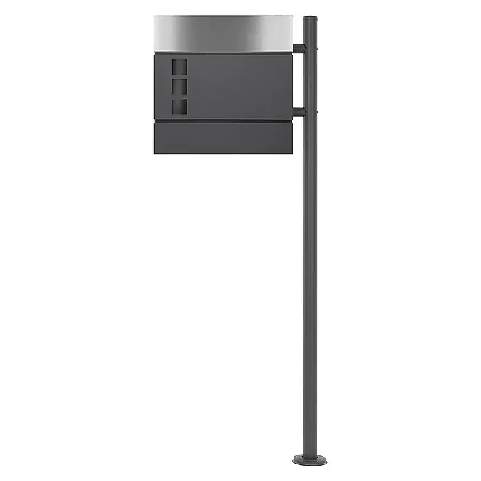 ECD Germany Standbriefkasten Briefkastenanlage mit Ständer Anthrazit 120cm Mailbox mit Pfosten - L x B x H: 17 x 42,5 x 120 cm, Anthrazit, Silber, Edelstahl - Ein grauer Briefkasten mit silbernem Deckel und drei Schlitzen, montiert auf einer grauen Stange mit rundem Sockel.