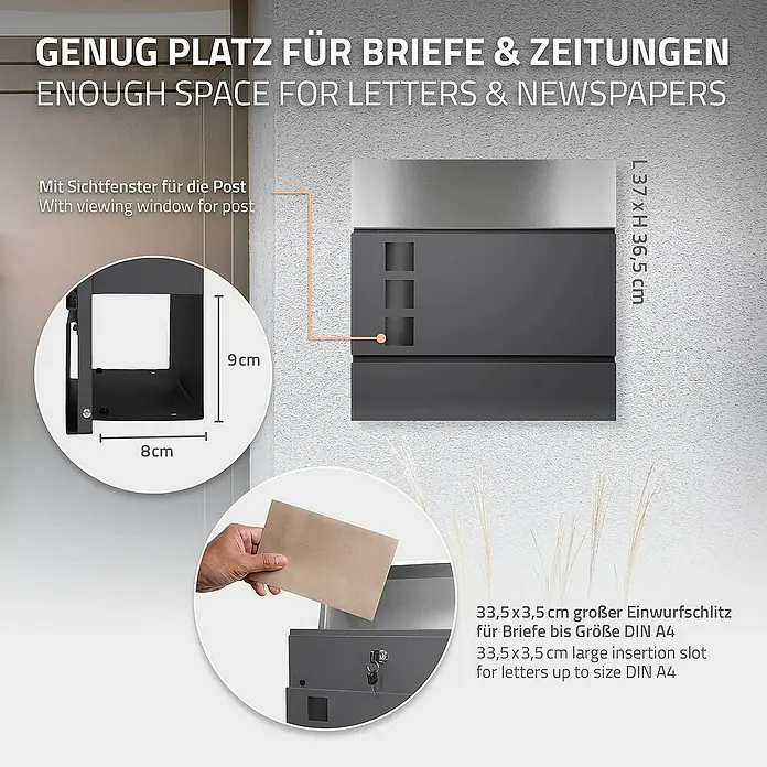 ECD Germany Standbriefkasten Briefkastenanlage mit Ständer Anthrazit 170cm Mailbox mit Pfosten - L x B x H: 23,5 x 37 x 170 cm, Anthrazit, Silber, Edelstahl - Abbildung eines Briefkastens mit ausreichend Platz für Briefe und Zeitungen, inklusive Sichtfenster und Einwurfschlitz.