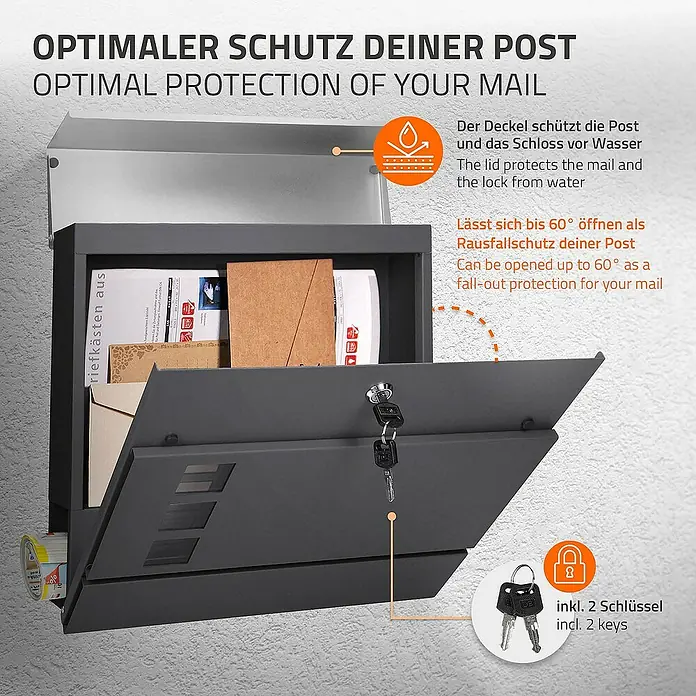 ECD Germany Standbriefkasten Briefkastenanlage mit Ständer Anthrazit 170cm Mailbox mit Pfosten - L x B x H: 23,5 x 37 x 170 cm, Anthrazit, Silber, Edelstahl - Bild eines Briefkastens mit den Hinweisen zu Schutz vor Wasser und Rausfallschutz, sowie einem Schlüsselset.
