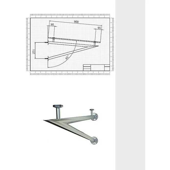 Glaszentrum Hagen Vordach 140x90 cm Glasvordach Klar RAL7016-V -  - Technische Zeichnung und 3D-Ansicht einer Halterung. Die Halterung verfügt über eine Neigung von 85° und ist 900 mm lang.