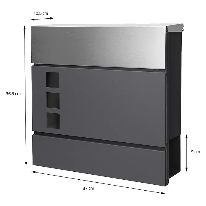 ECD Germany Standbriefkasten Briefkastenanlage mit Ständer Anthrazit 120cm Mailbox mit Pfosten - L x B x H: 17,5 x 55 x 120 cm, Anthrazit, Silber, Edelstahl - Bild eines modernen Briefkastens aus Edelstahl und anthrazitfarbenem Stahl mit Maßangaben.