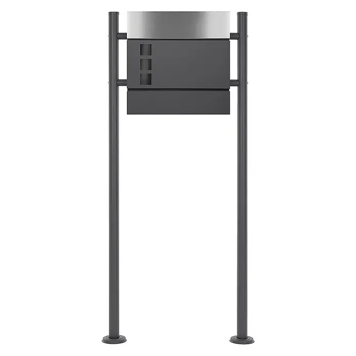 ECD Germany Standbriefkasten Briefkastenanlage mit Ständer Anthrazit 120cm Mailbox mit Pfosten - L x B x H: 17,5 x 55 x 120 cm, Anthrazit, Silber, Edelstahl - Bild eines modernen Briefkastens in Anthrazit mit silberner Oberseite, der auf zwei grauen Ständern steht.