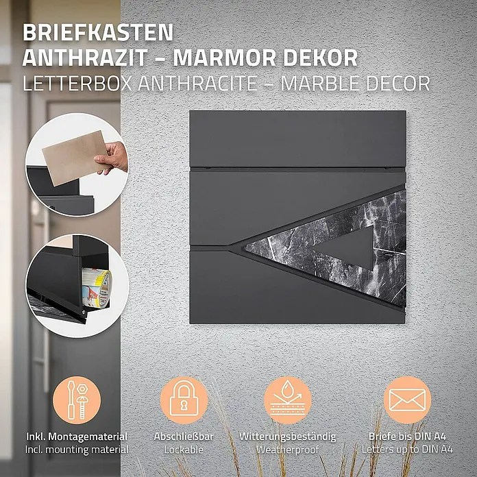 ML-Design Standbriefkasten Briefkastenanlage mit Ständer Silber 120cm Mailbox mit Pfosten - L x B x H: 17,5 x 55 x 120 cm, Anthrazit, Schwarz, Silber, Edelstahl - Anthrazitfarbener Briefkasten mit Marmordekor. Wetterfest, abschließbar und geeignet für Briefe bis DIN A4. Inklusive Montagematerial.