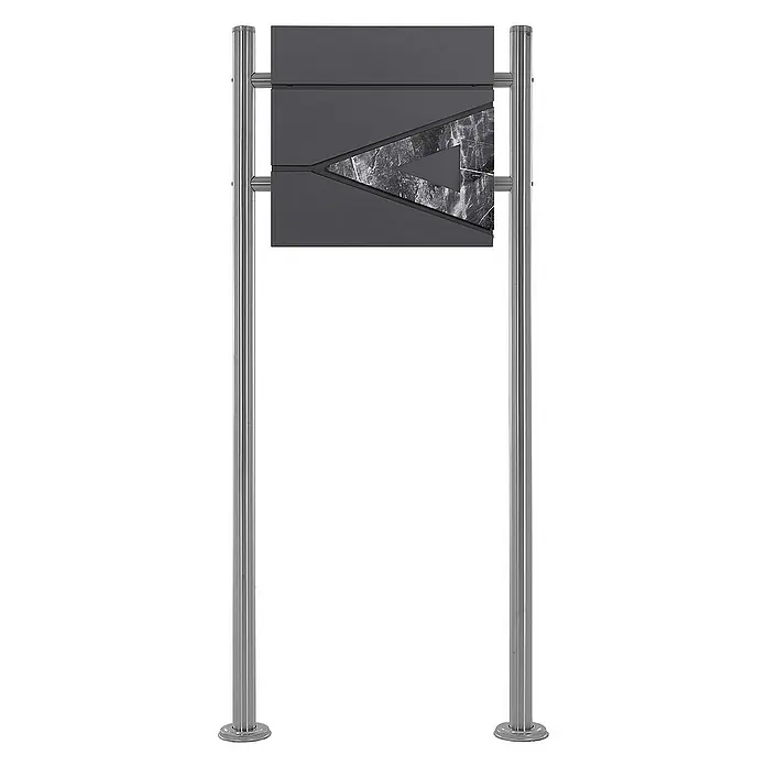 ML-Design Standbriefkasten Briefkastenanlage mit Ständer Silber 120cm Mailbox mit Pfosten - L x B x H: 17,5 x 55 x 120 cm, Anthrazit, Schwarz, Silber, Edelstahl - Produktansicht eines modernen Briefkastens mit Edelstahlpfosten und grauer Verkleidung mit Marmor-Akzenten.