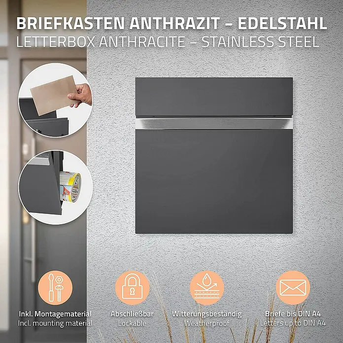 ECD Germany Standbriefkasten Briefkastenanlage mit Ständer Anthrazit 170cm Mailbox mit Pfosten - L x B x H: 23 x 37 x 170 cm, Anthrazit, Edelstahl - Bild eines anthrazitfarbenen Edelstahlbriefkastens mit Montagezubehör, Schloss und der Fähigkeit, DIN A4-Briefe aufzunehmen.