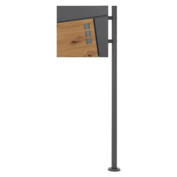 ML-Design Standbriefkasten Briefkastenanlage mit Ständer Anthrazit 120cm Mailbox mit Pfosten - L x B x H: 17 x 42,5 x 120 cm, Anthrazit, Braun, Edelstahl - Modernes Schild auf einem grauen Metallpfosten mit Holzelement und quadratischen Akzenten, ideal zur Wegweisung oder als stilvolles Informationselement.
