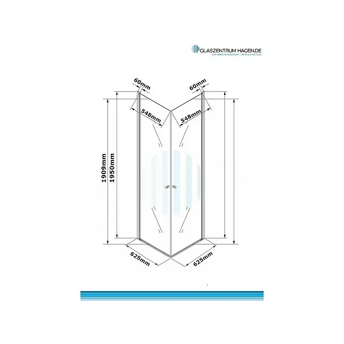 Glaszentrum Hagen Eckdusche 62.5x62.5x195 cm Eck Duschkabine Altbau - 62,5 x 62,5 x 195 cm, Eloxiert, Transparent, Stärke: 6 mm - Abbildung einer Ecke Duschkabine mit Maßangaben zu Höhe, Breite und Tiefe.