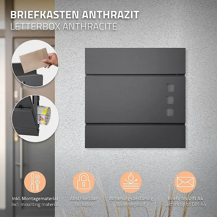 ECD Germany Standbriefkasten Briefkastenanlage mit Ständer Anthrazit 120cm Mailbox mit Pfosten - L x B x H: 17,5 x 55 x 120 cm, Anthrazit, Edelstahl - Anthrazitfarbener Briefkasten mit Details wie Montagezubehör, Schloss, Wetterfestigkeit und DIN A4-Briefkapazität.