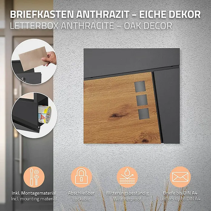 ML-Design Standbriefkasten Briefkastenanlage mit Ständer Anthrazit 170cm Mailbox mit Pfosten - L x B x H: 26 x 37 x 170 cm, Anthrazit, Braun, Edelstahl - Das Bild zeigt einen anthrazitfarbenen Briefkasten mit Eiche-Dekor, der abschließbar und wetterfest ist und Montagezubehör enthält.