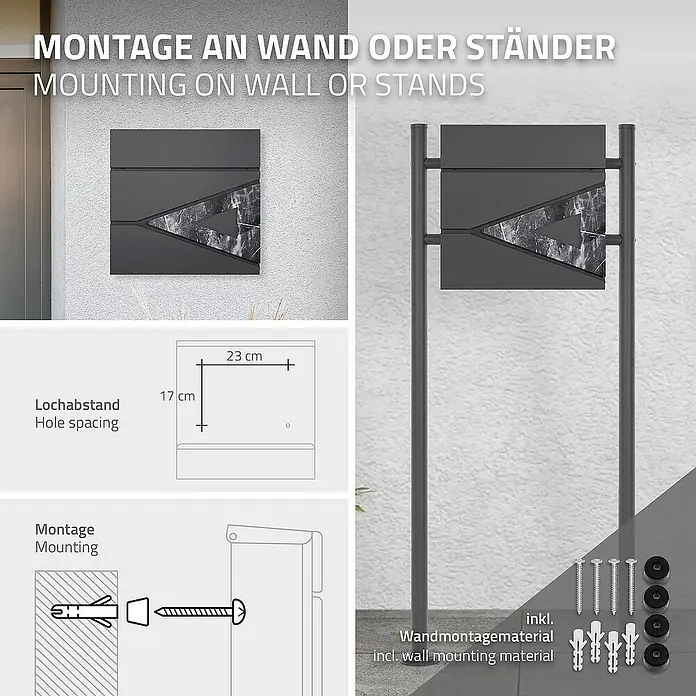 ML-Design Standbriefkasten Briefkastenanlage mit Ständer Anthrazit 120cm Mailbox mit Pfosten - L x B x H: 17,5 x 55 x 120 cm, Anthrazit, Schwarz, Edelstahl - Abbildung eines Briefkastens zur Wand- oder Ständermontage mit Zubehör und Maßangaben.
