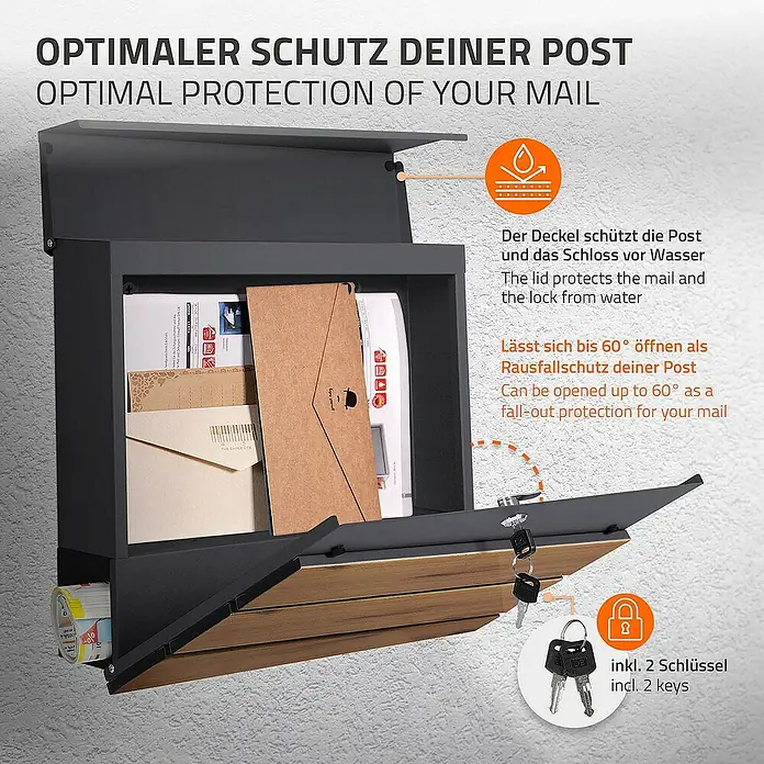 ML-Design Standbriefkasten Briefkastenanlage mit Ständer Anthrazit 170cm Mailbox mit Pfosten - L x B x H: 26 x 37 x 170 cm, Anthrazit, Braun, Edelstahl - Bild einer modernen Briefkastenanlage mit Schutz vor Witterungseinflüssen und einem integrierten Zeitungsfach.