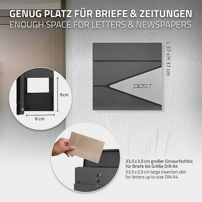 ML-Design Standbriefkasten Briefkastenanlage mit Ständer Anthrazit 170cm Mailbox mit Pfosten - L x B x H: 21,5 x 37 x 170 cm, Anthrazit, Silber, Edelstahl - Bild einer modernen Briefkastenanlage in Anthrazit mit den Maßen 37x37 cm und einem Einwurfschlitz von 33,5x3,5 cm für Briefe bis DIN A4.